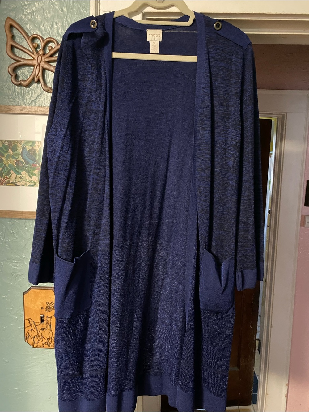 Chico's Navy Open-Front Long Cardigan with Shoulder Tabs